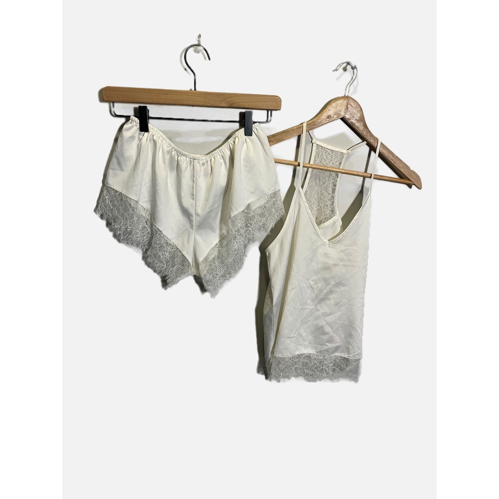 Homebodii Pajama Set Womens S Ivory Satin Lace Cami Tap Shorts Bridal Sleepwear